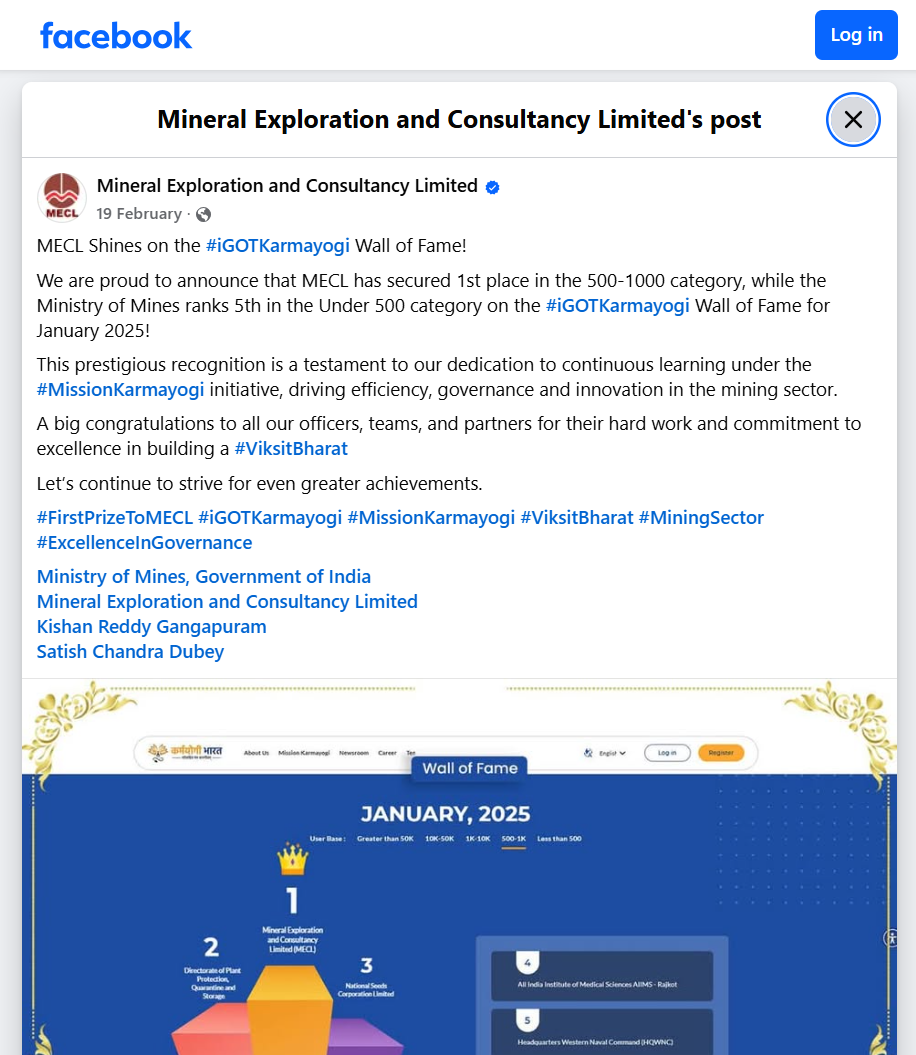 MECL ranked 1st on iGOT Karmayogi Wall of Fame January 2025 under 500-1000 category